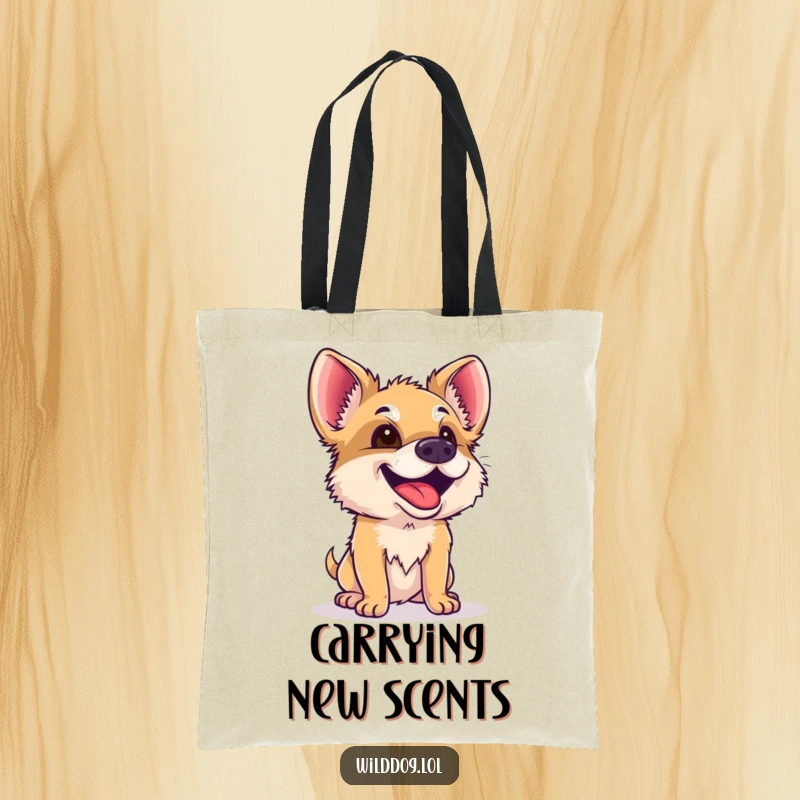 Funny Wild Dog Tote Bag: A curious wild dog sniffs the air with delight, showcasing this humorous and practical bag for everyday adventures.