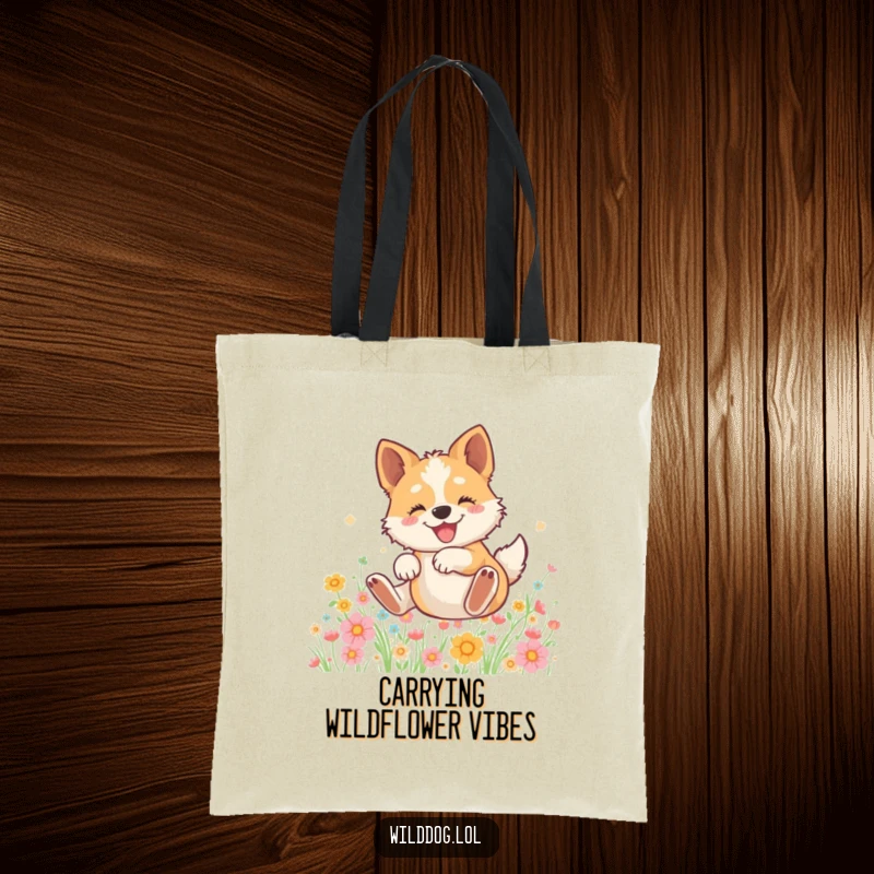 Funny tote bag illustrating a happy wild dog rolling with delight in a lush field brimming with colorful flowers.
