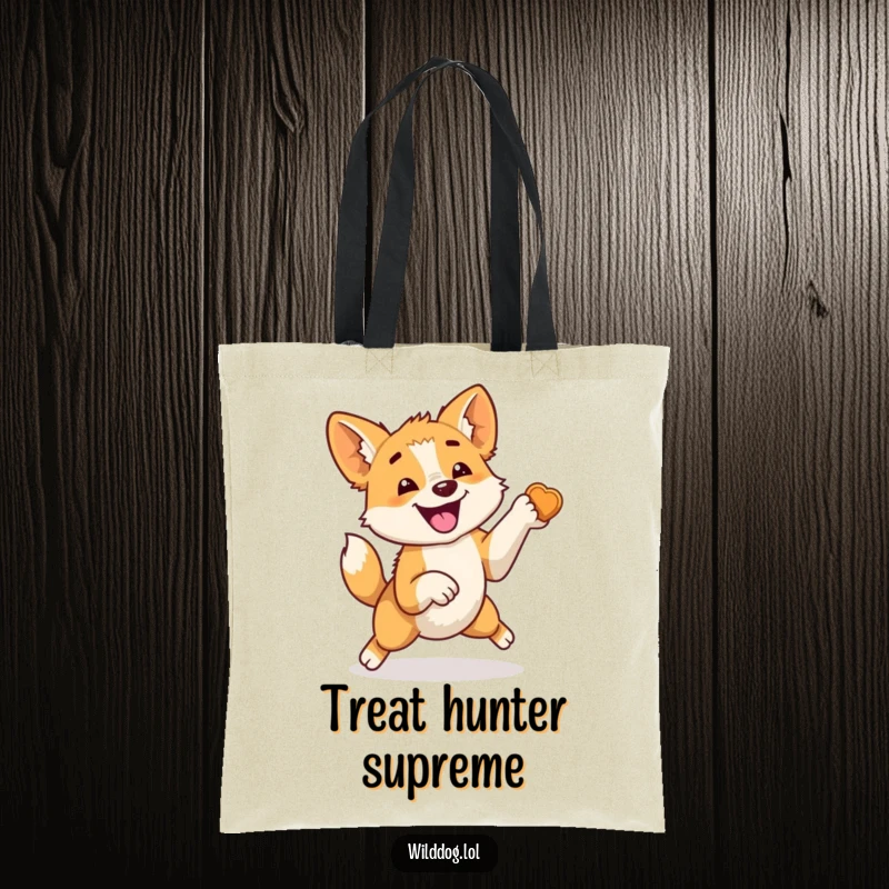 Funny tote bag illustrating a wild dog in frantic motion, jumping with all its might for a treat, tail wagging furiously, a picture of pure canine bliss.