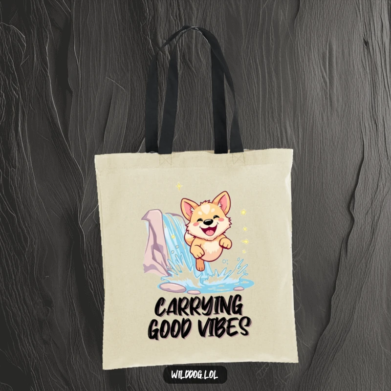 Funny wild dog tote bag with a dog leaping through a waterfall, great for travel and daily use.