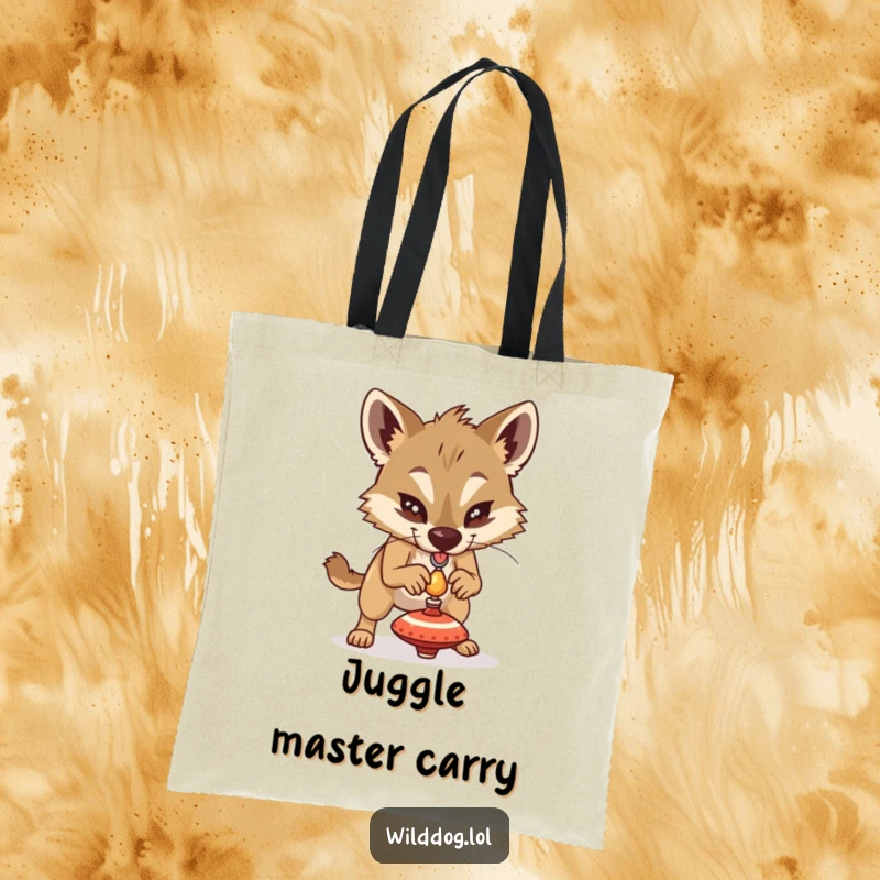 Funny wild dog attempting to balance a tiny spinning top, stylish tote bag for carrying items with a humorous focus.