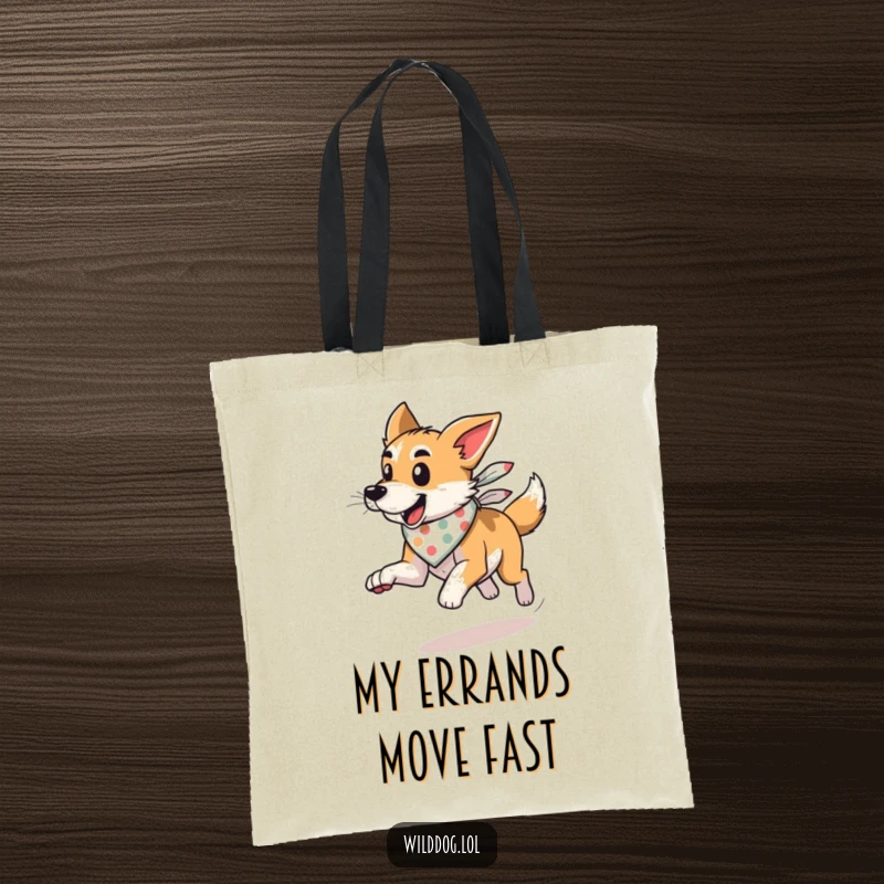 Funny wild dog with a bandana, running with wind, on a tote bag, for carrying essentials with style.
