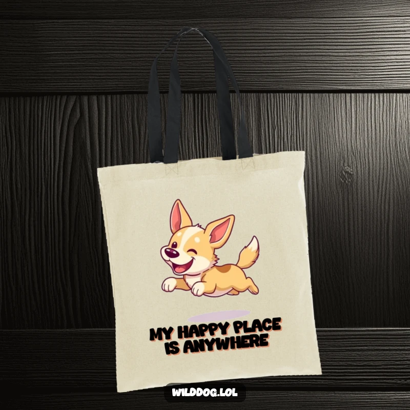 Funny dog tote bag featuring a wild dog in a happy, energetic leap with ears flapping. Practical and humorous accessory.