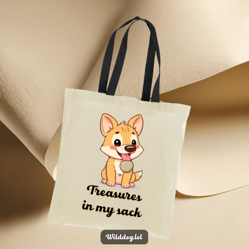 Funny Kawaii Wild Dog Tote Bag: Cute dog panting with a shiny pebble, a functional and funny accessory for everyday use.